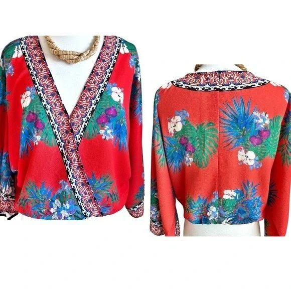 Flying Tomato Wrap Blouse Orange Multicolor Boho Tropical Elastic Waist Medium - Picture 2 of 12